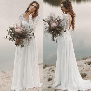 Elegant Princess A-Line Chiffon Long Sleeves V-Neck Beach Wedding Dress